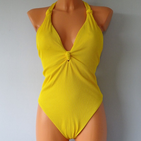 Dolce Vita Womens Ribbed Plunge Halter One Piece Swimsuit Swimsuit